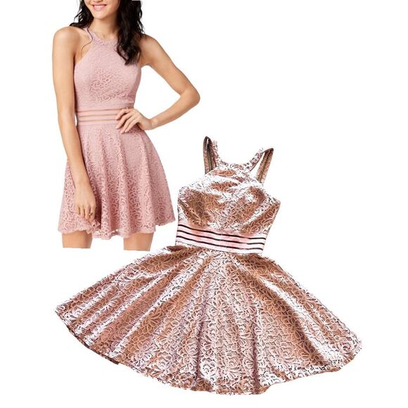 City Studio DRESS Womens 1 Blush Pink Lace Zip Halter Mini Fit Flare Mob Wife - Picture 10 of 10